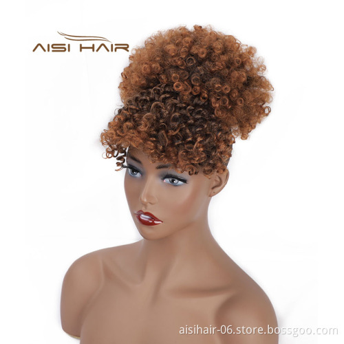 Aisi Hair New Design Kinky Curly Puff Brown Color Hair Bun With Bangs Afro Short Curly Synthetic Hair Extension For Black Women
